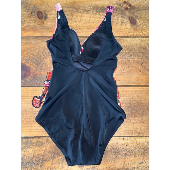 Womens Gabar Pink Orange Black Snakeskin Side Tie One Piece Swim Suit‎ Size 10 - Picture 6 of 8